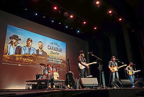 Country music artists Jason McCoy, Jason Blaine and Chad Brownlee perform together at the Western Manitoba Centennial Auditorium as part of their The Great Canadian Roadtrip 2.0 tour on Wednesday evening. (Tim Smith/The Brandon Sun)