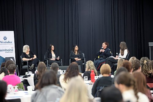 Cst. Amanda Conway with the Brandon Police Service describes her values during a panel at the Women of Westman conference Wednesday, Mar. 5 at Keystone Centre. When Conway was asked what message she wanted to leave with every woman at the conference, Conway said 'living true to your values' which in her case are family, authenticity and honesty. Panelists discussed a range of topics about responsibility, mental health and leadership. Other panelists from left to right included Sue Swarbrick, Rand Tashman, and Eleonor Mascardo. (Connor McDowell/Brandon Sun)