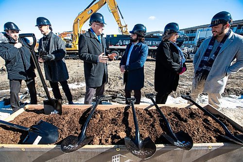MIKAELA MACKENZIE / FREE PRESS
Daniel Neves, RBC director of real estate (left), Matthew Slobodian, ICI senior director of origination Canada, mayor Scott Gillingham, DJ Trudeau, president and CEO of Rockport Investment Group, councillor Janice Lukes, and Paolo Bryant, executive VP and owner of Rockport Investment Group, at the sod-turning ceremony for a Rockport Investment Group development at 1365 Lee Boulevard on Thursday, March 6, 2025. The build is funded by CMHC, and 15% of the units will be designated as affordable housing.
Standup.
Winnipeg Free Press 2025