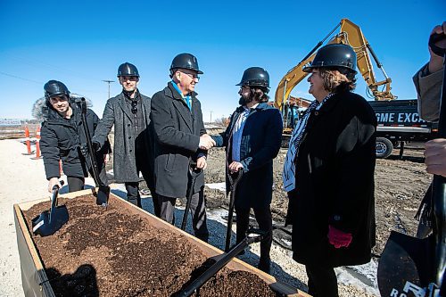 MIKAELA MACKENZIE / FREE PRESS
Daniel Neves, RBC director of real estate (left), Matthew Slobodian, ICI senior director of origination Canada, mayor Scott Gillingham, DJ Trudeau, president and CEO of Rockport Investment Group and councillor Janice Lukes at the sod-turning ceremony for a Rockport Investment Group development at 1365 Lee Boulevard on Thursday, March 6, 2025. The build is funded by CMHC, and 15% of the units will be designated as affordable housing.
Standup.
Winnipeg Free Press 2025