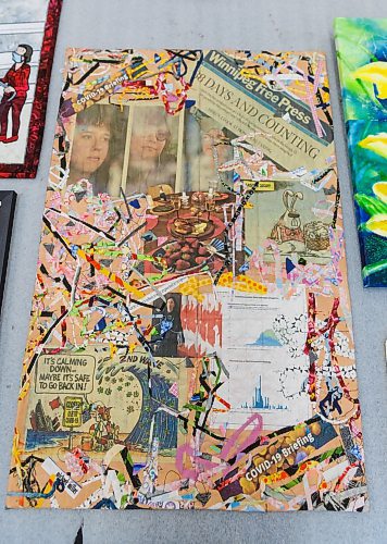MIKE DEAL / FREE PRESS
Roland Sawatzky, Curator of History at the Manitoba Museum, with their COVID-19 collection of 'momentos' that were submitted after they put out a call for items in the spring of 2021.
Wall Hanging (H9-39-341), Elaine Filyk, 38 Days & Counting, following a rescue flight home from Phoenix on March 21, Filyk produced hundreds of masks for front-line workers, the work contains pieces of the masks.
250306 - Thursday, March 06, 2025.