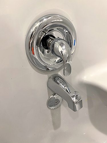 Marc LaBossiere / Free Press
A new Moen faucet, tub spout and overflow cap complete the new chrome feature array within the stall.