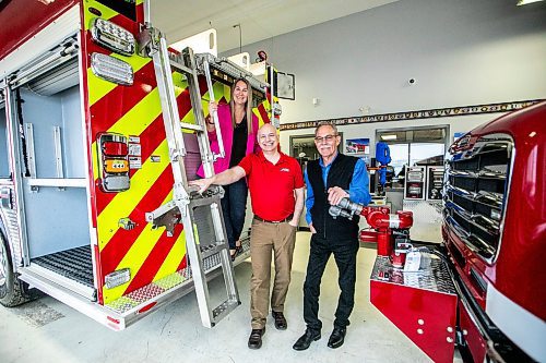 MIKAELA MACKENZIE / FREE PRESS
Lisa Suche (left, purchasing manager), Robert Pike (corporate services manager), and Brian Nash (vice president of sales) at Fort Garry Fire Trucks on Thursday, March 13, 2025.
For Aaron Epp story.
Winnipeg Free Press 2025