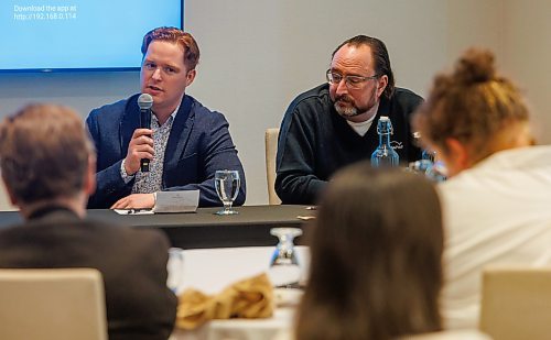MIKE DEAL / FREE PRESS
Colin Hornby (left) from Keystone Agricultural Producers and Cam Dahl (right) from Manitoba Pork during a panel discussion at the Norwood Hotel, about agriculture policy concerns as a federal election looms.
Reporter: Aaron Epp
250318 - Tuesday, March 18, 2025.