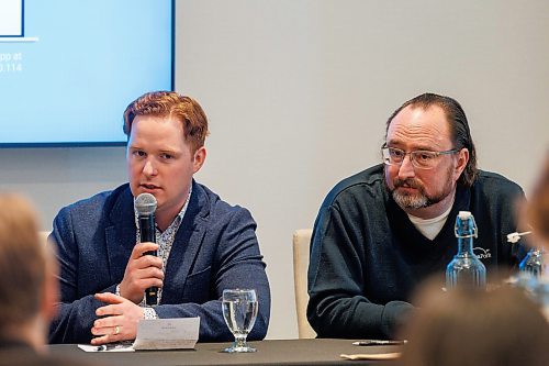 MIKE DEAL / FREE PRESS
Colin Hornby (left) from Keystone Agricultural Producers and Cam Dahl (right) from Manitoba Pork during a panel discussion at the Norwood Hotel, about agriculture policy concerns as a federal election looms.
Reporter: Aaron Epp
250318 - Tuesday, March 18, 2025.