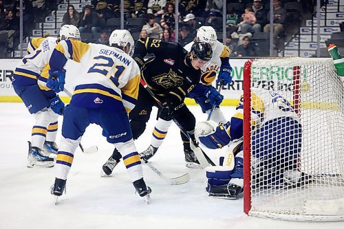 Nicholas Johnson of the Brandon Wheat Kings digs at the loose puck in front of goalie Evan Gardner of the Saskatoon Blades during Western Hockey League action at Westoba Place on Wednesday evening. See story on Page B2. (Tim Smith/The Brandon Sun)