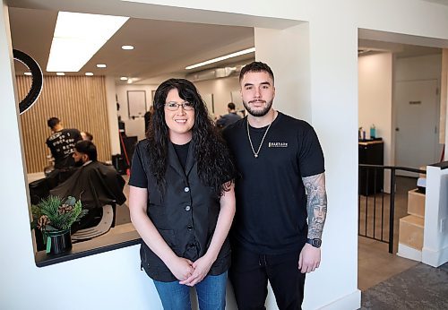 19032025
Chantelle Banman and Taher Banuga, barbers and part owners of Elevate Barbershop on 17th Street in Brandon on Wednesday. 
(Tim Smith/The Brandon Sun)