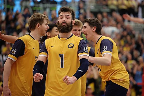 23032025
The Brandon University Bobcats celebrate a point during their second set against the University of Alberta Golden Bears in the 2025 U SPORTS Men's Volleyball Championship gold medal match at the Brandon University Healthy Living Centre on Sunday evening. (Tim Smith/The Brandon Sun)
