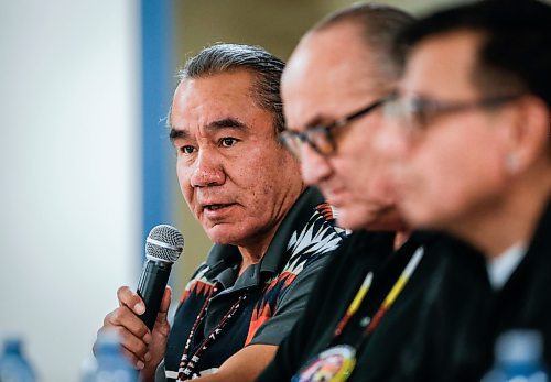 JOHN WOODS / FREE PRESS
Chief Tony Travers, Kinonjeoshtegon First Nation, from left, Chief David Crate, Fisher River Cree Nation, and Chief Stan Bird, Peguis First Nation sit on a panel at an information session for Indigenous led protected areas and federal 30x30 conservation targets in Arborg Tuesday, March 18, 2025. This event was hosted by three First nations that are working on a proposal for a protected area in the Fisher Bay area.
Reporter: julia-simone