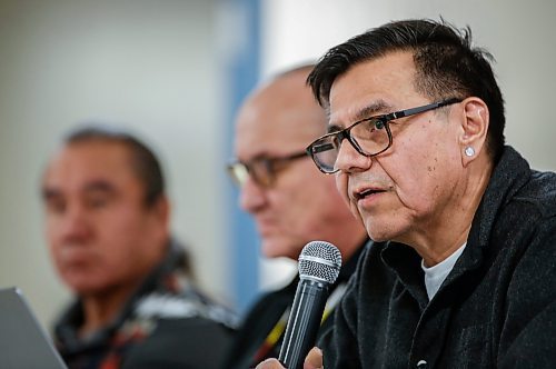 JOHN WOODS / FREE PRESS
Chief Tony Travers, Kinonjeoshtegon First Nation, from left, Chief David Crate, Fisher River Cree Nation, and Chief Stan Bird, Peguis First Nation sit on a panel at an information session for Indigenous led protected areas and federal 30x30 conservation targets in Arborg Tuesday, March 18, 2025. This event was hosted by three First nations that are working on a proposal for a protected area in the Fisher Bay area.
Reporter: julia-simone