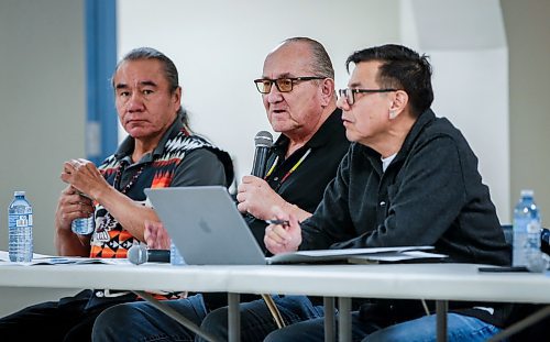 JOHN WOODS / FREE PRESS
Chief Tony Travers, Kinonjeoshtegon First Nation, from left, Chief David Crate, Fisher River Cree Nation, and Chief Stan Bird, Peguis First Nation sit on a panel at an information session for Indigenous led protected areas and federal 30x30 conservation targets in Arborg Tuesday, March 18, 2025. This event was hosted by three First nations that are working on a proposal for a protected area in the Fisher Bay area.
Reporter: julia-simone