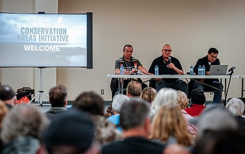 JOHN WOODS / FREE PRESS
Chief Tony Travers, Kinonjeoshtegon First Nation, from left, Chief David Crate, Fisher River Cree Nation, and Chief Stan Bird, Peguis First Nation sit on a panel at an information session for Indigenous led protected areas  and federal 30x30 conservation targets in Arborg Tuesday, March 18, 2025. This event was hosted by three First nations that are working on a proposal for a protected area in the Fisher Bay area.

Reporter: julia-simone
