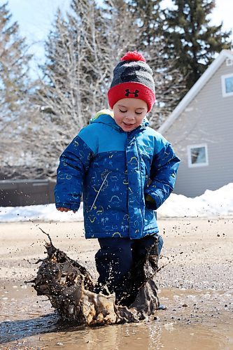 21032025
Two-and-a-half-year-old Dawson Loewen plays in puddles while out for a walk with his mom Hailey in Rivers, Manitoba on a warm Monday afternoon.  (Tim Smith/The Brandon Sun)