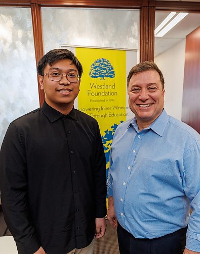 MIKE DEAL / FREE PRESS
John Prystanski, lawyer, former North End city councillor John Prystanski and creator of the Westland Foundation, with Rafael Manangan, 19, who was born in the Philippines and immigrated to Canada with his family when he was one year old and is now studying at the University of Manitoba in the Faculty of Science majoring in genetics and minoring in chemistry.
Reporter: Janine LeGal
250325 - Tuesday, March 25, 2025.