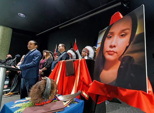 Premier Wab Kinew speaks at Wednesday’s news conference in Winnipeg publicly identifying Ashlee Christine Shingoose as the first victim of serial killer Jeremy Skibicki. (Mike Deal/Winnipeg Free Press)