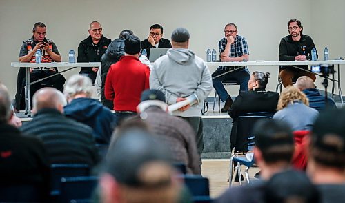 JOHN WOODS / FREE PRESS
Chief Tony Travers, Kinonjeoshtegon First Nation, from left, Chief David Crate, Fisher River Cree Nation, Chief Stan Bird, Peguis First Nation, Ron Thiessen, CPAWS, and Neil Bailey, CPAWS sit on a panel at an information session for Indigenous led protected areas and federal 30x30 conservation targets in Arborg Tuesday, March 18, 2025. This event was hosted by three First nations that are working on a proposal for a protected area in the Fisher Bay area.
Reporter: julia-simone
