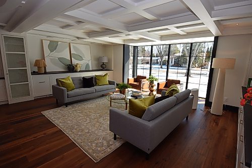 Todd Lewys / Free Press
Warmth and modern style co-exist in the great room thanks to the white honeycomb ceiling and gorgeous red-oak wide-plank hardwoods.