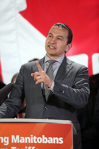 Premier Wab Kinew gestures while speaking with reporters at the Maple Leaf Foods plant on Wednesday afternoon, following his announcement of $10.7 million in added support for Manitoba producers. (Matt Goerzen/The Brandon Sun)