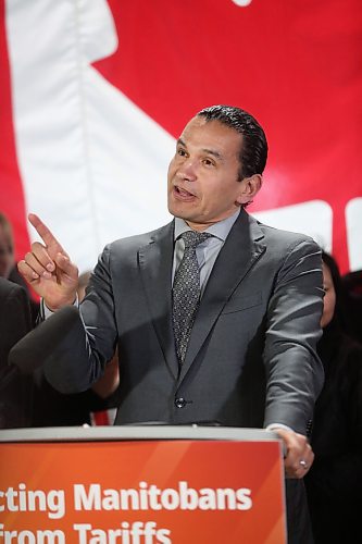 Premier Wab Kinew gestures while speaking with reporters at the Maple Leaf Foods plant on Wednesday afternoon, following his announcement of $10.7 million in added support for Manitoba producers. (Matt Goerzen/The Brandon Sun)