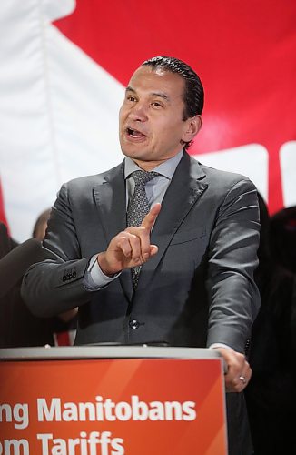 Premier Wab Kinew gestures while speaking with reporters at the Maple Leaf Foods plant on Wednesday afternoon, following his announcement of $10.7 million in added support for Manitoba producer. (Matt Goerzen/The Brandon Sun)