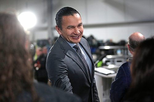 Manitoba Premier Wab Kinew greets Maple Leaf Foods plant workers in Brandon in the facility's cafeteria on Wednesday afternoon, shortly before announcing $10.7 million in added support for Manitoba producers. (Matt Goerzen/The Brandon Sun)