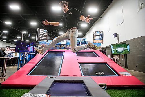 JOHN WOODS / FREE PRESS
Joseph Huber tries out a trampoline at the Crazy Ape Extreme Equipment booth at the Winnipeg Home And Garden Show at the convention centre, Sunday, April 6, 2025. Crazy Ape makes trampolines for the commercial and residential market.
Reporter: standup