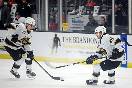 Brandon Wheat Kings forward Jaxon Jacobson (9), shown with teammate Matteo Michels (88) during a game in February, had the finest offensive season by a 16-year-old Wheat Kings rookie since Nolan Patrick. The team's big class of rookies played a major role in the team's success in the 2024-25 season. (Tim Smith/The Brandon Sun)