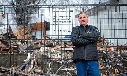 RUTH BONNEVILLE / FREE PRESS
Local - UNSAFE BUILDING PILOT:
Darrell Warren, president of the William Whyte Neighbourhood Association, stands next to a demolished home at 657 Alfred Ave. Tuesday. Flames engulfed the home earlier Tuesday morning and it was demolished soon after. A sign was erected by a City Inspector stating, For all property concerns contact 311, around the same time photos were taken.
See story by Joyanne
Nov 26th, 2024