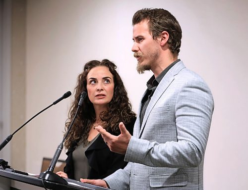 Debbie Fewster's children, Colleen Dyck and Daniel Fewster, are shown at a news conference last month where they called for changes in Manitoba's health-care system. Daniel said he doesn’t understand how a government policy introduced this week would have prevented his mother from dying. (Ruth Bonneville/Winnipeg Free Press files)