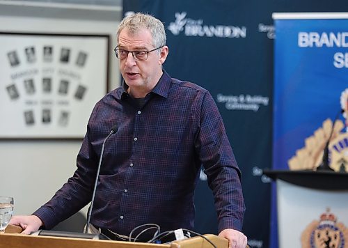 Brandon City Coun. Bruce Luebke stands at the podium in council chambers on Feb. 7, speaking to a motion to write a letter to the provincial and federal governments about bail reform. (Abiola Odutola/The Brandon Sun files)
