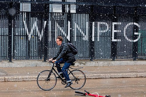 MIKE DEAL / FREE PRESS
Thick snowflakes float to the ground around a cyclist as he heads up Fort Street near Portage Avenue Monday morning.
Standup
250414 - Monday, April 14, 2025.