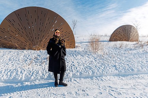 MIKE DEAL / FREE PRESS
tamara rae biebrich, public art manager, Winnipeg Arts Council in front of one of the pieces that constitute the work by Jyhling Lee called Outcroppings, an aluminum landscape sculpture on Waverley Street near Taylor Avenue.
Reporter: AV Kitching
250113 - Monday, January 13, 2025.