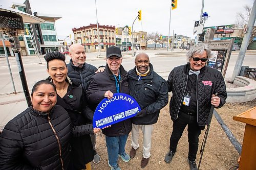 MIKAELA MACKENZIE / FREE PRESS
Councillor Devi Sharma (left), councillor Vivian Santos, councillor Jason Schreyer, Fred Turner, deputy mayor Marcus Chambers, and councillor Ross Eadie celebrate the honourary naming of a section of the Disraeli Bridge Roadway to Bachman-Turner Overdrive in Winnipeg on Friday, April 18, 2025.
For Erik story.
Winnipeg Free Press 2025