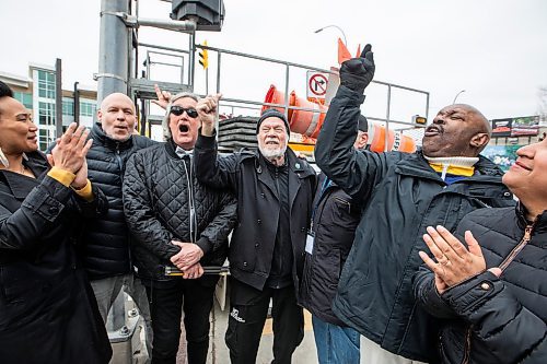 MIKAELA MACKENZIE / FREE PRESS
Councillor Vivian Santos (left), councillor Jason Schreyer, councillor Ross Eadie, Randy Bachman, Fred Turner, deputy mayor Marcus Chambers, and councillor Devi Sharma celebrate the honourary naming of a section of the Disraeli Bridge Roadway to Bachman-Turner Overdrive in Winnipeg on Friday, April 18, 2025.
For Erik story.
Winnipeg Free Press 2025