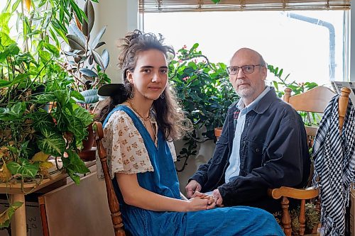 MIKE DEAL / FREE PRESS
Writes of Spring poets Demeter-Anemone Willow (left) with their father, Andrew Vaisius (right).
250418 - Friday, April 18, 2025.