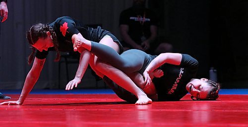 Jillian MacDonald, right, tries to gain control of one of the legs of Victoria Warszycka during her decision loss at the Brandon Bouts 2: Submission Only Grappling at the Western Manitoba Centennial Auditorium on Saturday. (Perry Bergson/The Brandon Sun)
April 28, 2025