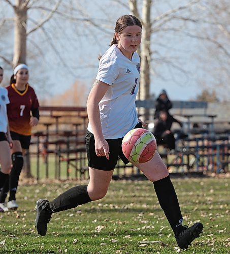 Indira Egan of the Vincent Massey Vikings collects the ball against the Crocus Plainsmen during Brandon High School Soccer League girls' action at Crocus on Tuesday. (Tim Smith/The Brandon Sun)