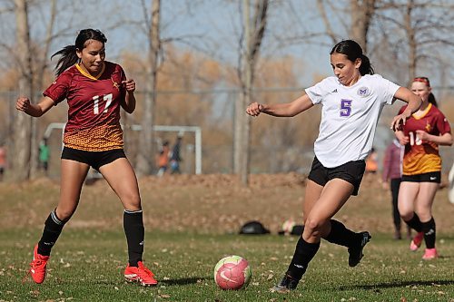 29042025
Elli Ereciser (check last name) #5 of the Vincent Massey Vikings moves the ball away from Tenika Moose #17 of the Crocus Plainsmen during high school soccer action at Crocus Plains Regional Secondary School on Tuesday afternoon. (Tim Smith/The Brandon Sun)
