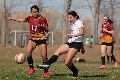 29042025
Elli Ereciser (check last name) #5 of the Vincent Massey Vikings moves the ball away from Tenika Moose #17 of the Crocus Plainsmen during high school soccer action at Crocus Plains Regional Secondary School on Tuesday afternoon. (Tim Smith/The Brandon Sun)