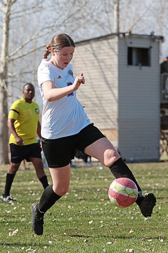 29042025
Indira Egan #2 of the Vincent Massey Vikings moves the ball during the Vikings high school soccer match against the Crocus Plainsmen at Crocus Plains Regional Secondary School on Tuesday afternoon. (Tim Smith/The Brandon Sun)