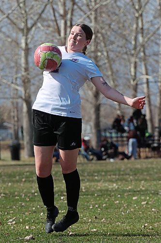 29042025
Indira Egan #2 of the Vincent Massey Vikings bumps the ball during the Vikings high school soccer match against the Crocus Plainsmen at Crocus Plains Regional Secondary School on Tuesday afternoon. (Tim Smith/The Brandon Sun)