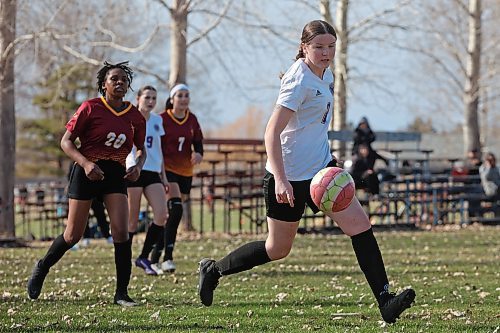 29042025
Indira Egan #2 of the Vincent Massey Vikings moves the ball during the Vikings high school soccer match against the Crocus Plainsmen at Crocus Plains Regional Secondary School on Tuesday afternoon. (Tim Smith/The Brandon Sun)