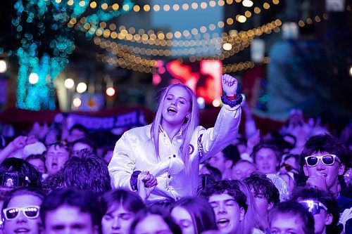 BROOK JONES/FREE PRESS
A Winnipeg Jets fan cheers during Game 5 of the National Hockey League Stanley Cup playoff between the hometown Winnipeg Jets and the visiting St. Louis Blues as she attends the Winnipeg Jets Whiteout party on Donald Street in Winnipeg, Man., Saturday, April 19, 2025.