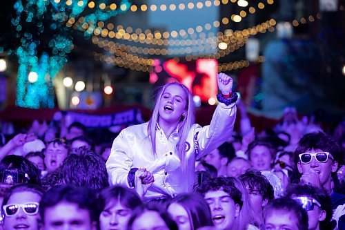 BROOK JONES/FREE PRESS
A Winnipeg Jets fan cheers during Game 5 of the National Hockey League Stanley Cup playoff between the hometown Winnipeg Jets and the visiting St. Louis Blues as she attends the Winnipeg Jets Whiteout party on Donald Street in Winnipeg, Man., Wednesday, April 30, 2025.