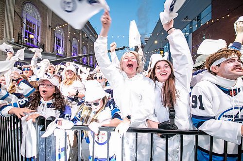 BROOK JONES/FREE PRESS
Winnipeg Jets fans Kayla Skoryik and Aliyah Teixeira cheer after the Jets score their team's first goal during Game 5 of the National Hockey League Stanley Cup playoff between the hometown Winnipeg Jets and the visiting St. Louis Blues as she attends the Winnipeg Jets Whiteout party on Donald Street in Winnipeg, Man., Wednesday, April 30, 2025.