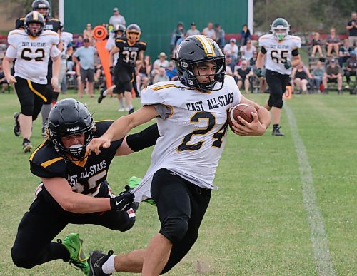 Team White running back AJ Nadon (24) of Interlake breaks through a tackle attempt to score a long touchdown during the Rural Manitoba Football League all-star game at Neelin on Sunday afternoon. Team Black won 50-30. (Perry Bergson/The Brandon Sun)
May 12, 2025