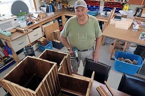 Ed Bilcowski is building a four-tier garden planter that he and the Minnedosa Men's Shed will donate to the Little Valley Jamboree in June. The planter will go up for auction, with proceeds going to support three children who are living with serious medical conditions. (Connor McDowell/Brandon Sun)