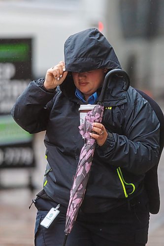 MIKE DEAL / FREE PRESS
Pedestrians battle the wind and the rain while making their way along Portage Avenue Friday morning.
Standup
250516 - Friday, May 16, 2025.