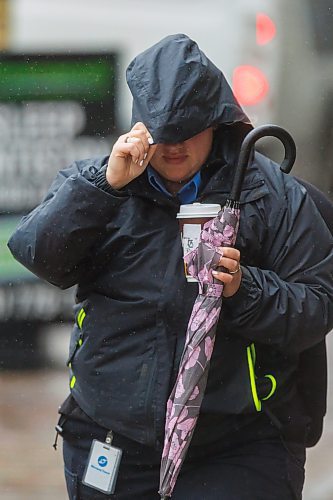 MIKE DEAL / FREE PRESS
Pedestrians battle the wind and the rain while making their way along Portage Avenue Friday morning.
Standup
250516 - Friday, May 16, 2025.