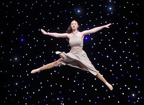 16052025
Kendra Crawford leaps through the air in the Competitive - Senior - Lyrical - 16 - Solo category during the second day of the Entertain Us Dance Competition at the Western Manitoba Centennial Auditorium on Friday.
(Tim Smith/The Brandon Sun)